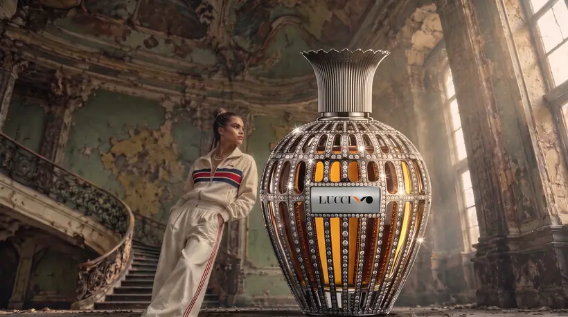 A low-angle view of the giant flacon, amber glass behind its jewelled black cage and a fluted black cap, the same woman leaning on it beneath peeling green frescoes